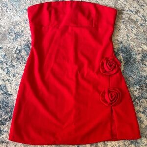 SHEIN Strapless Red Dress with Rose Details